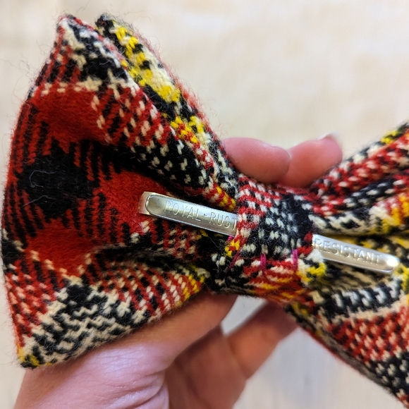 Vintage Royal red, black white and yellow plaid clip on bow tie rust resistant - Picture 4 of 5